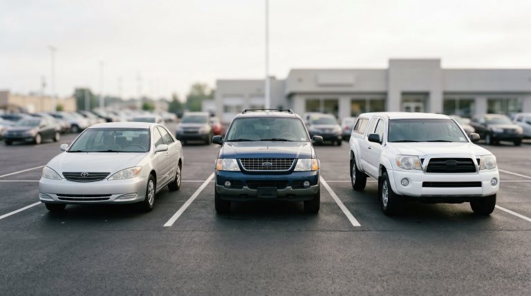 Three used vehicles arranged side by side on a dealership lot representing different acquisition channels for dealer inventory comparison