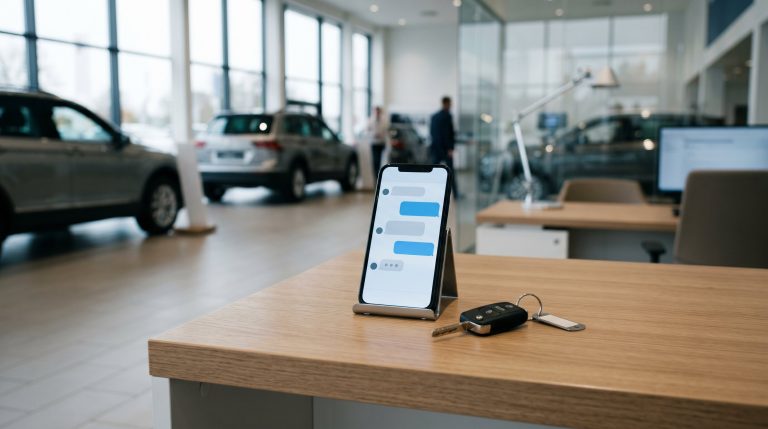 A smartphone displaying a generic chat interface on a dealership desk with vehicle keys nearby