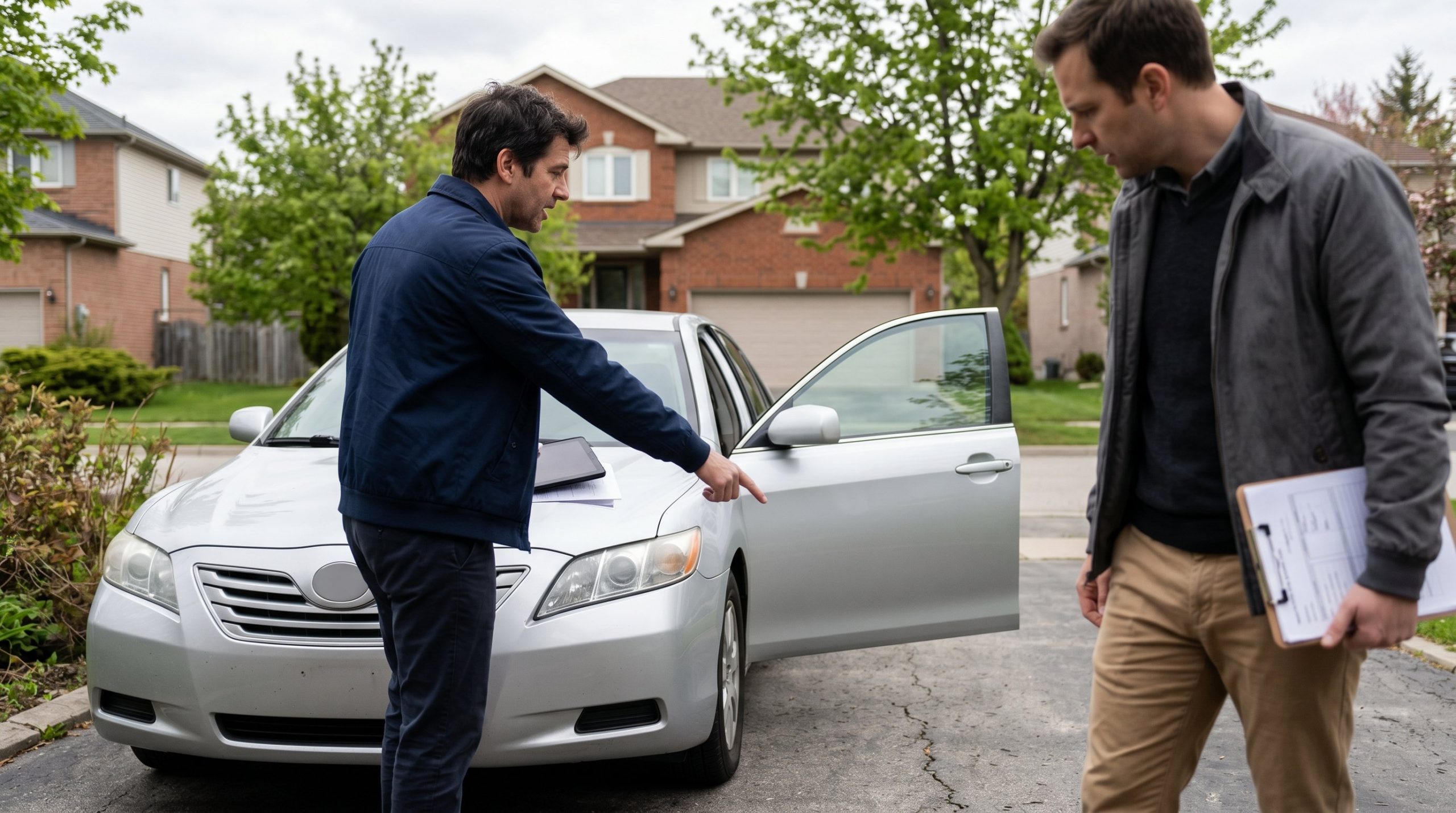 Two people beside a silver sedan in a driveway during a vehicle inspection at pickup