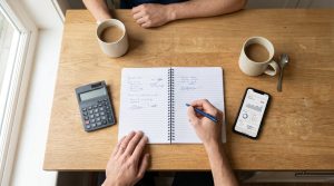 A person taking handwritten notes in a notebook with a calculator and smartphone displaying a dashboard on a wooden table representing the trade-in value calculation workflow