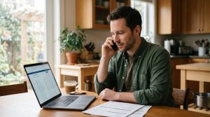 A car seller calling his lender to get a payoff amount while reviewing loan information on his laptop