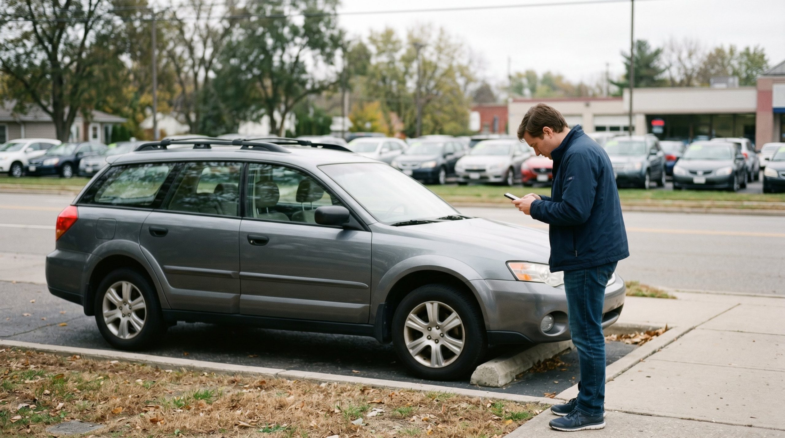 A person standing next to their parked Subaru looking at their phone with a local car dealership visible in the background representing the comparison between online offers and local dealer visits