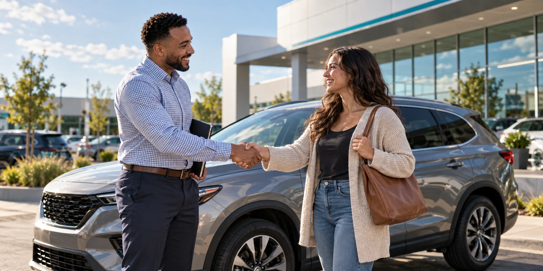 Dealership team member greeting a private seller beside a vehicle