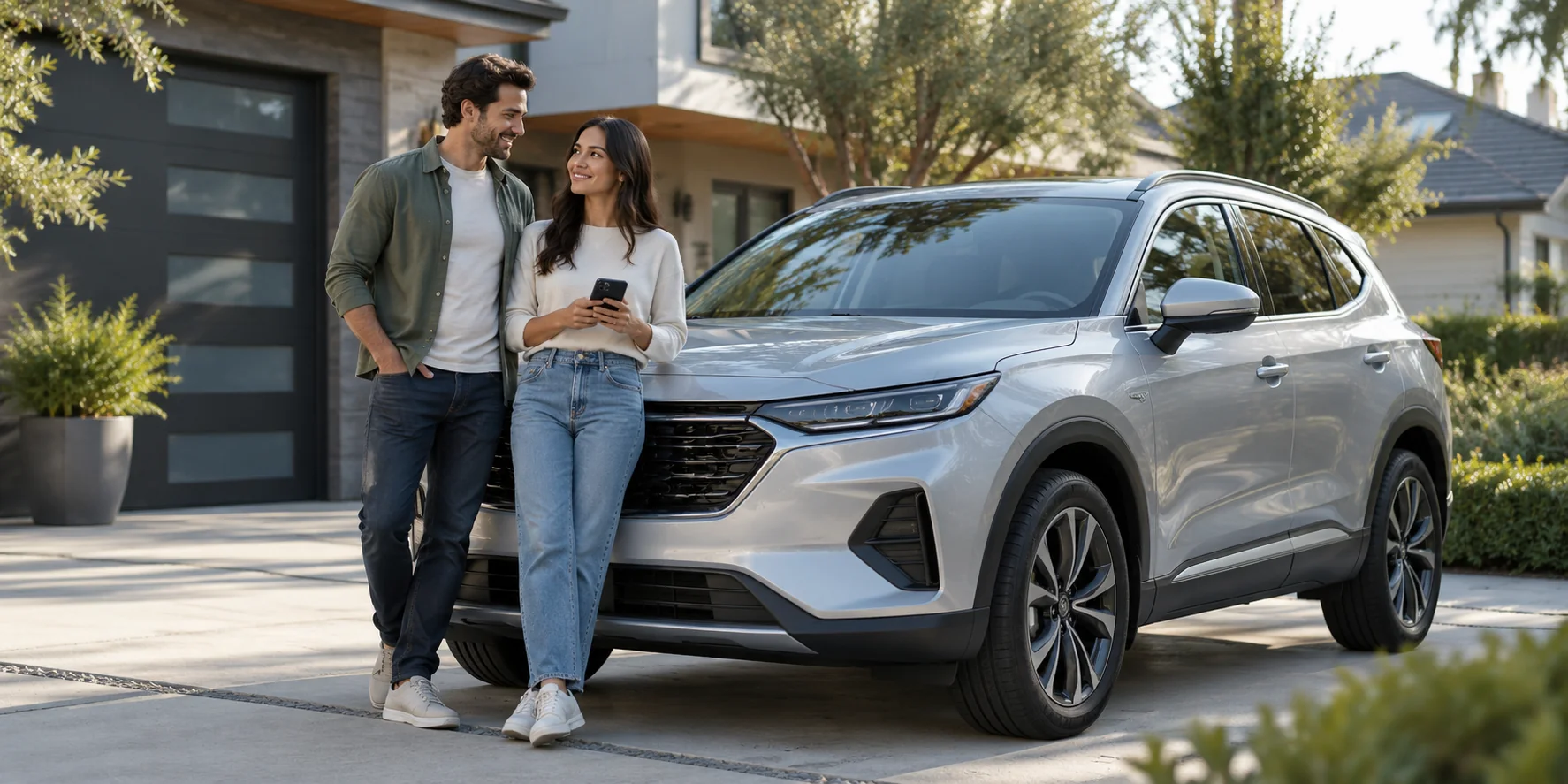 Couple standing beside their car in their driveway