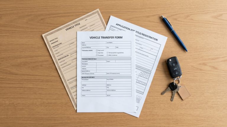 A neatly organized set of car sale documents including a title and forms laid out on a desk