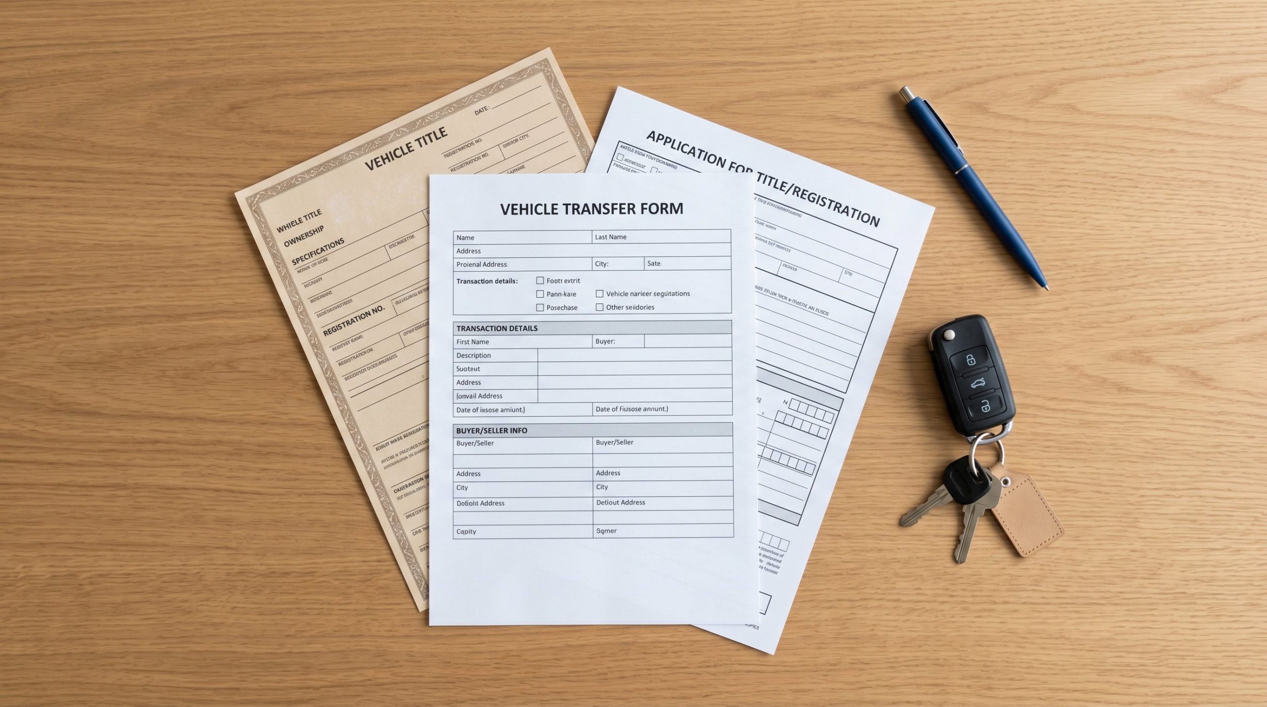 A neatly organized set of car sale documents including a title and forms laid out on a desk