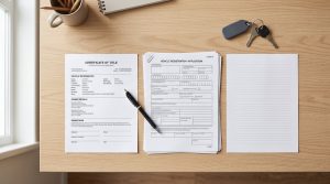 Vehicle title and registration paperwork, a pen, and car keys arranged neatly on a desk