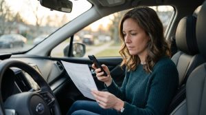 A car seller comparing a written dealer offer against information on their phone in a quiet moment of evaluation