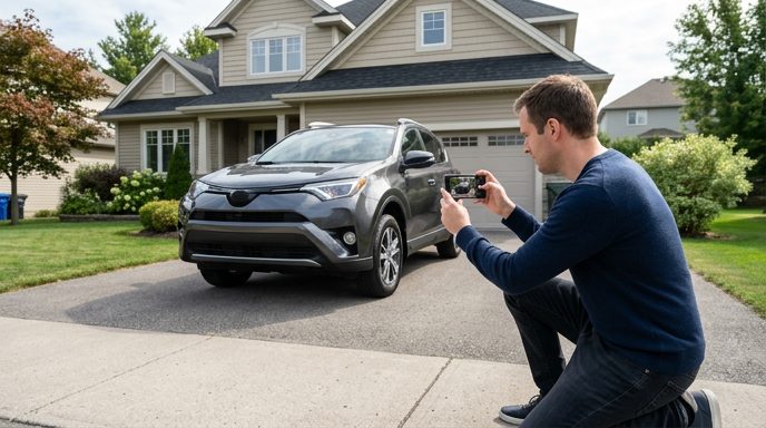 Man photographing his car in a residential driveway to list it for a private sale