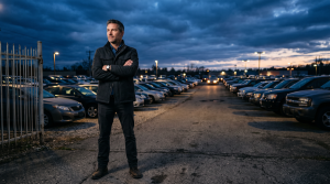 Dealer standing at the edge of a used car lot at dusk considering sourcing options