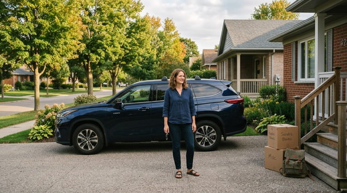 Woman with keys beside a family SUV in a driveway with moving boxes in late summer