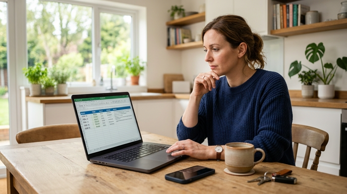Woman evaluating car selling offers on a laptop at a kitchen table