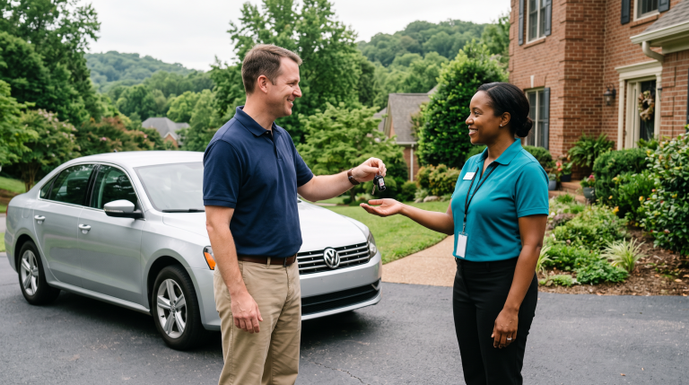 Clairvo representative collecting a car from a homeowner's driveway in Birmingham