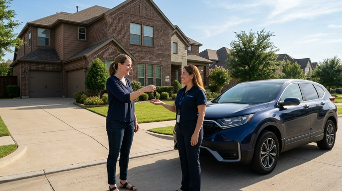 Clairvo representative collecting a car from a homeowner's driveway in Dallas