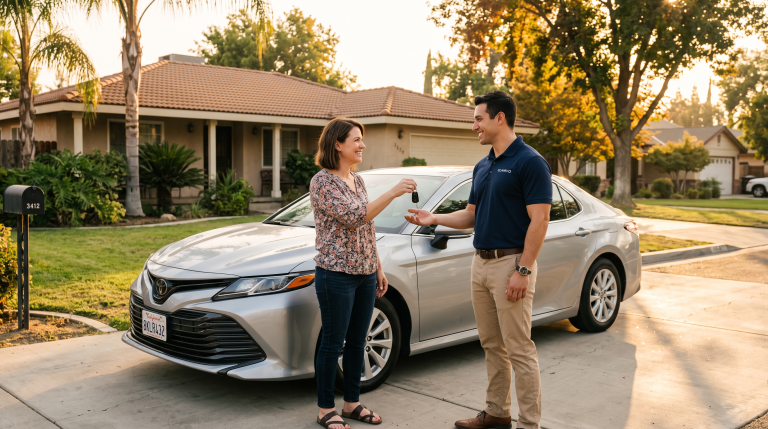 Clairvo representative collecting a car from a homeowner's driveway in Fresno