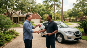 Clairvo representative collecting a car from a homeowner's driveway in Houston