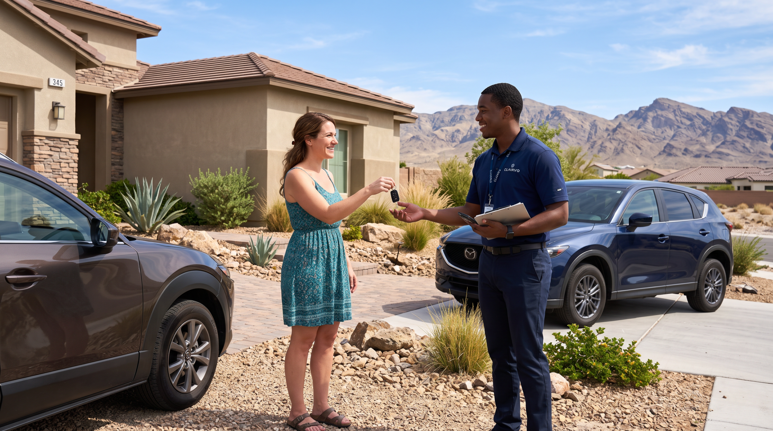 Clairvo representative collecting a car from a homeowner in a Las Vegas neighborhood with desert mountains behind