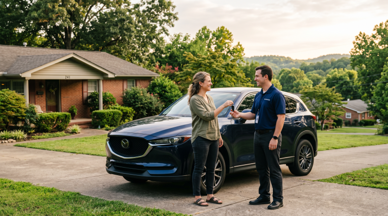 Clairvo representative collecting a car from a homeowner's driveway in Little Rock