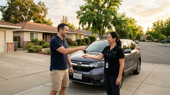 Clairvo representative collecting a car from a homeowner's driveway in Sacramento