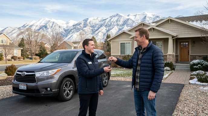 Clairvo representative collecting a car from a homeowner's driveway in Salt Lake City