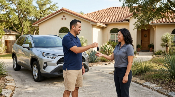 Clairvo representative collecting a car from a homeowner's driveway in San Antonio