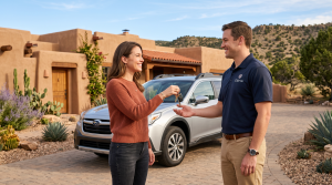 Clairvo representative collecting a car from a homeowner's driveway in Santa Fe