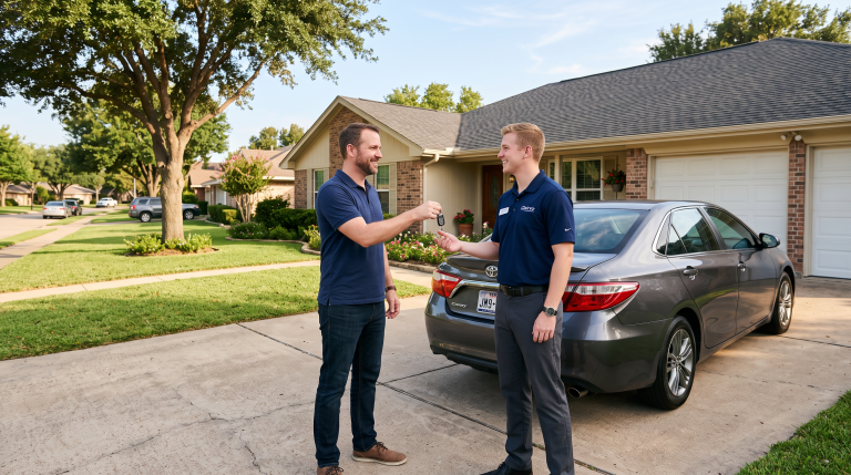 Homeowner handing car keys to a Clairvo representative in the driveway of a Texas home
