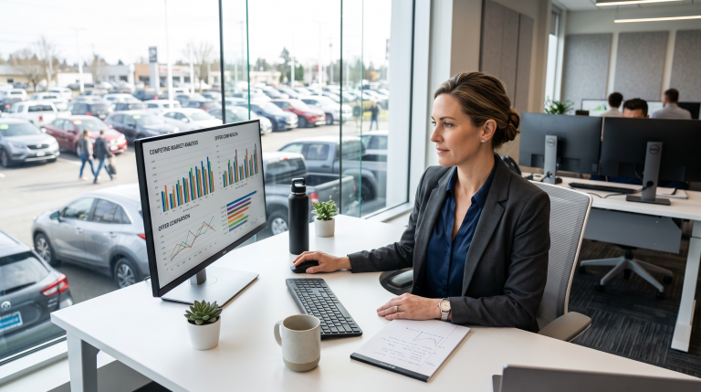 Dealership manager reviewing competing offer data on a monitor with the lot visible outside