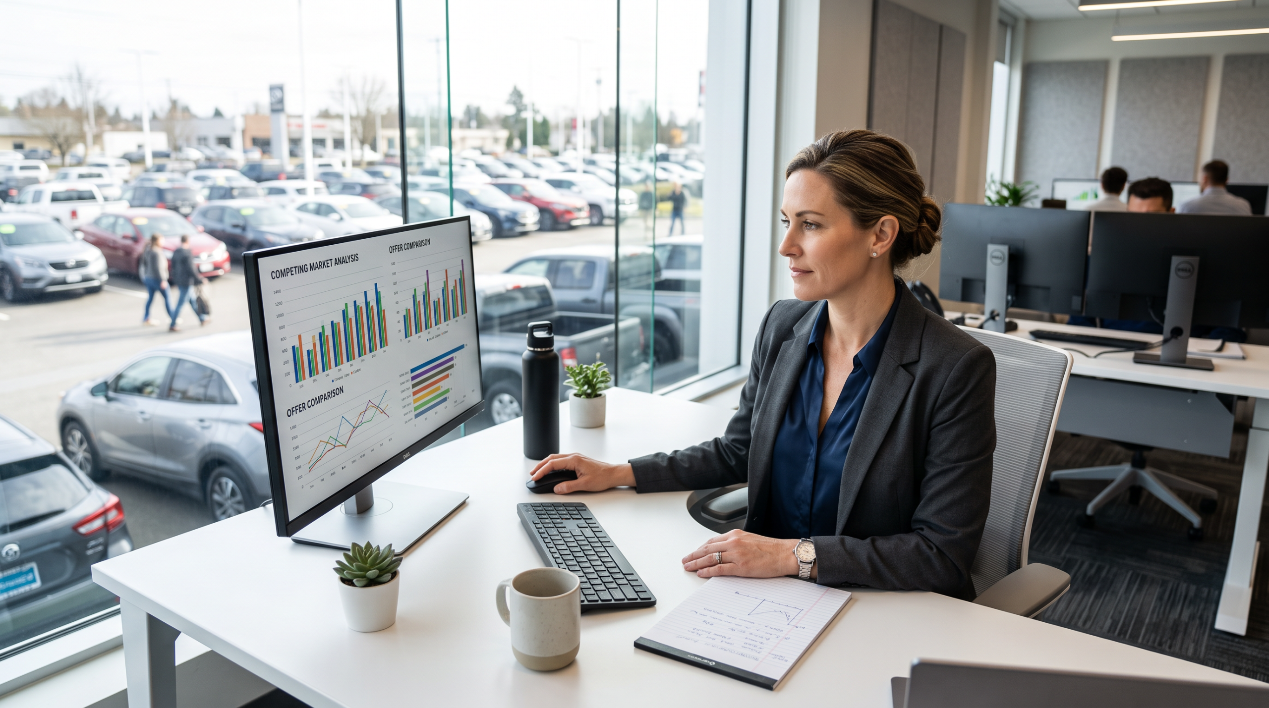 Dealership manager reviewing competing offer data on a monitor with the lot visible outside