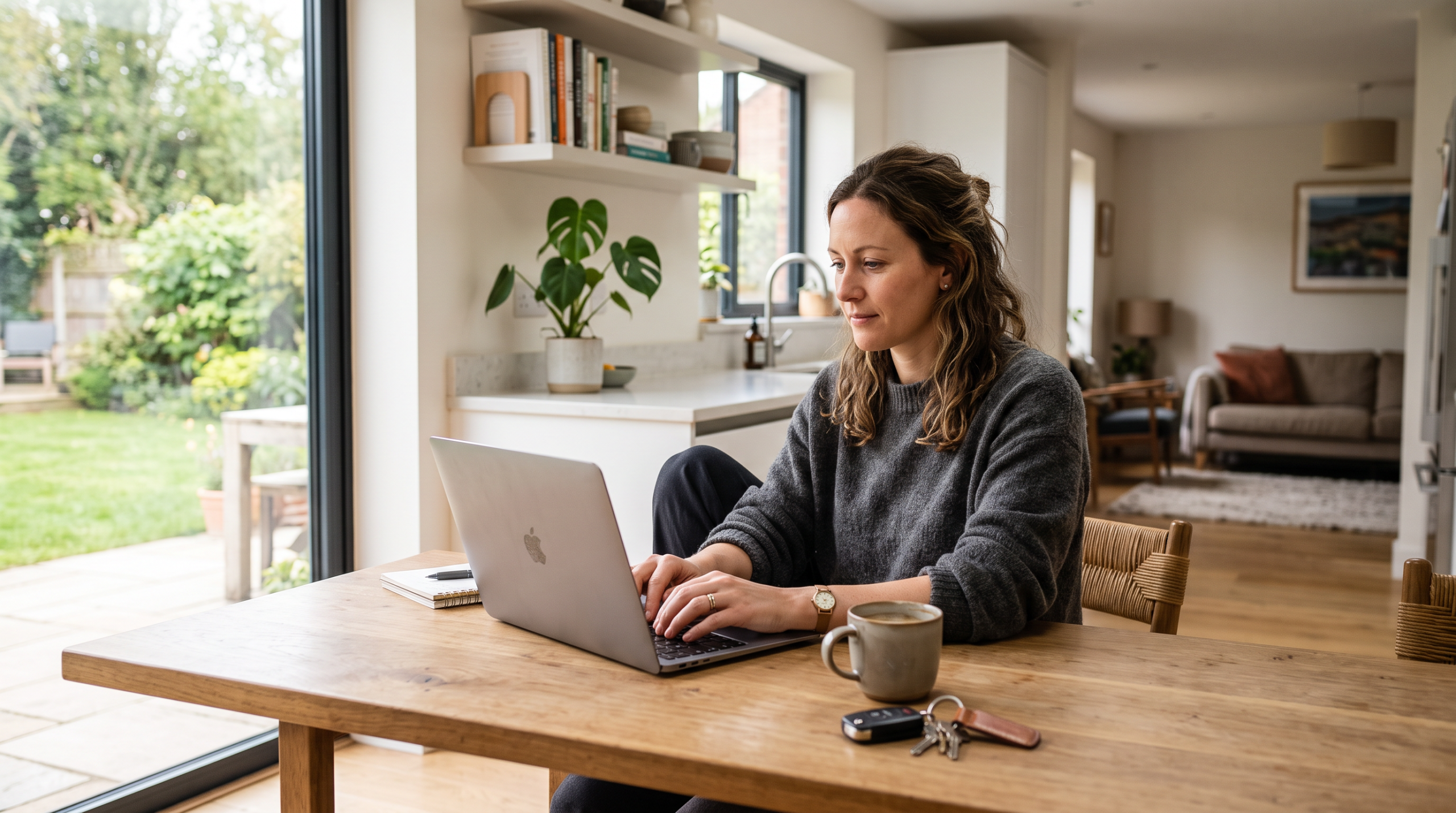Woman at home comparing car selling options on a laptop with car keys on the table