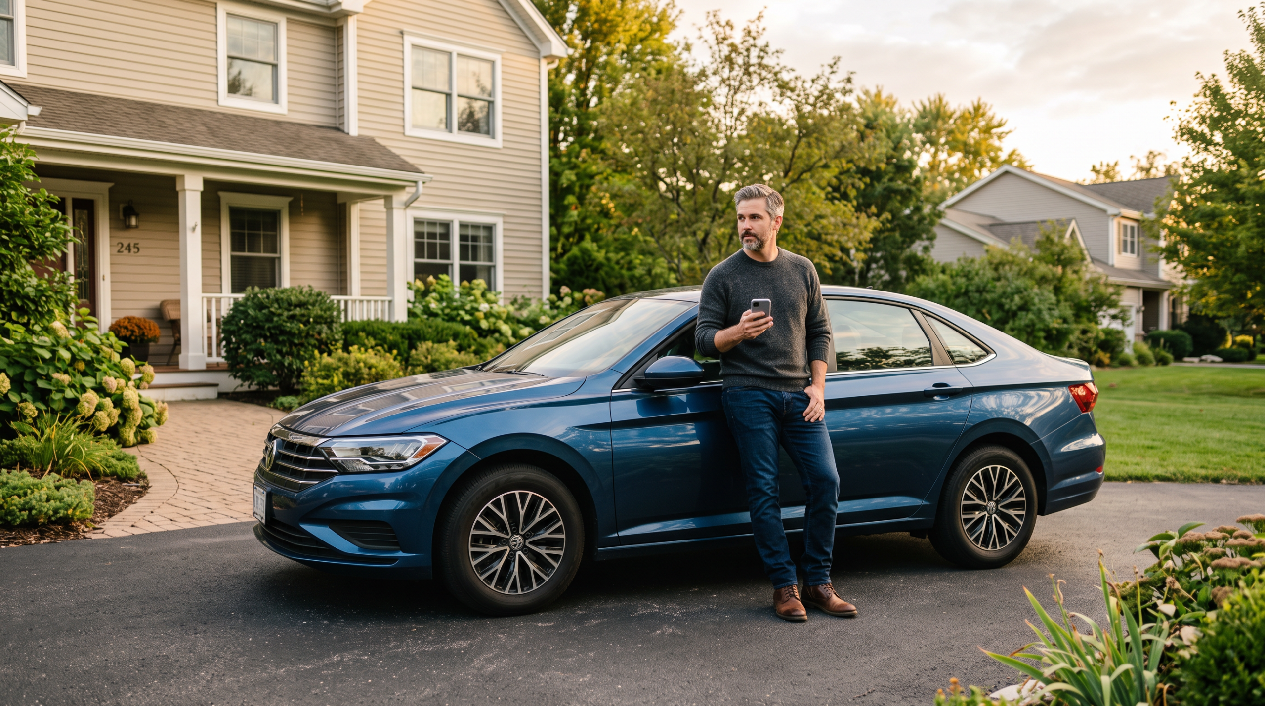 Man standing beside his car in a driveway checking offers on his phone