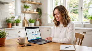 Woman at a sunny kitchen table comparing car offers on a laptop