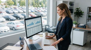 Dealership manager reviewing inventory turn metrics on a monitor with the lot visible outside