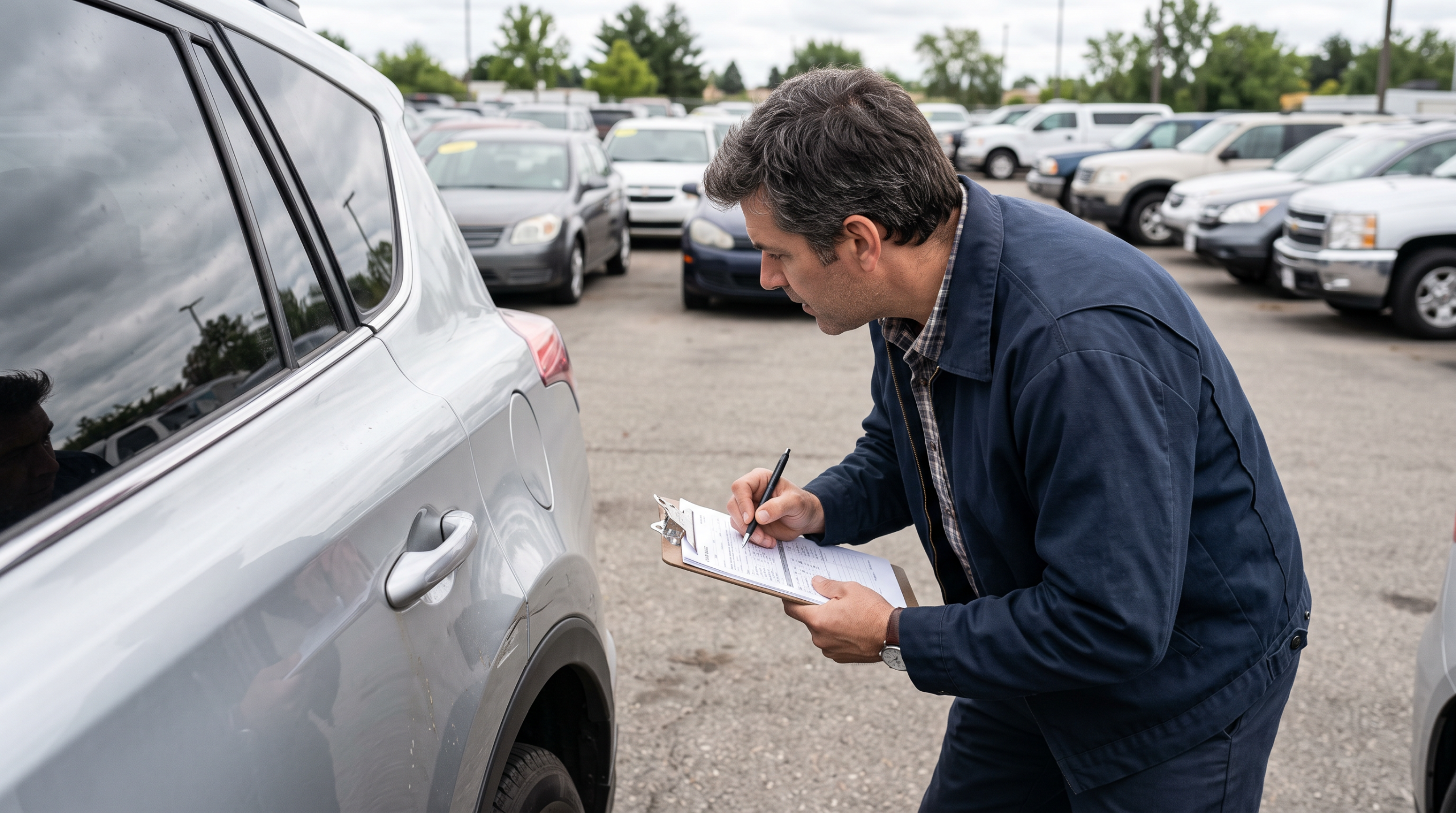 Dealership appraiser inspecting a used car on the lot with a clipboard