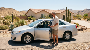 Man checking a silver sedan interior in a hot desert driveway under intense sun