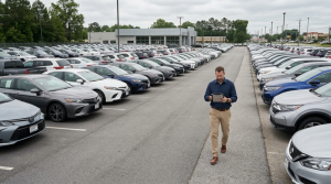 Franchise dealer walking a used car lot with a tablet reviewing inventory