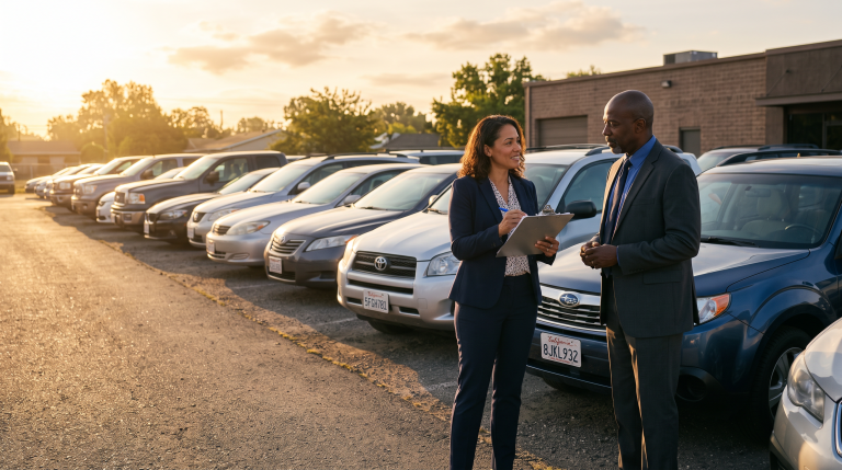 Two dealership colleagues discussing used car acquisition beside a row of vehicles in morning light