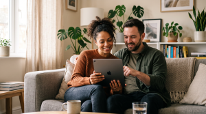 Couple reviewing used car offers together on a tablet at home
