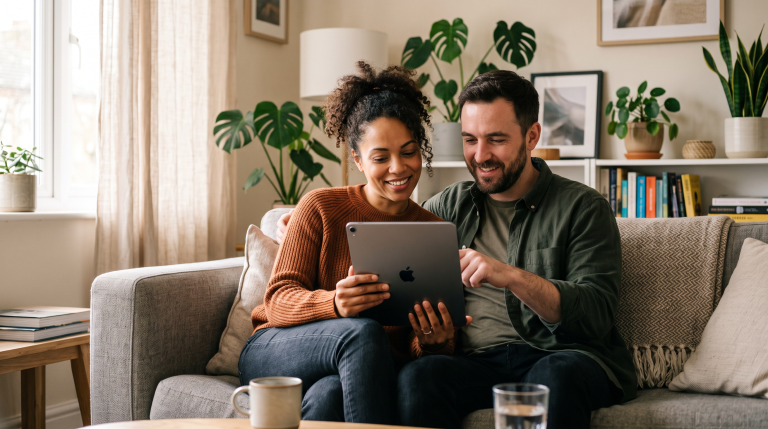 Couple reviewing used car offers together on a tablet at home