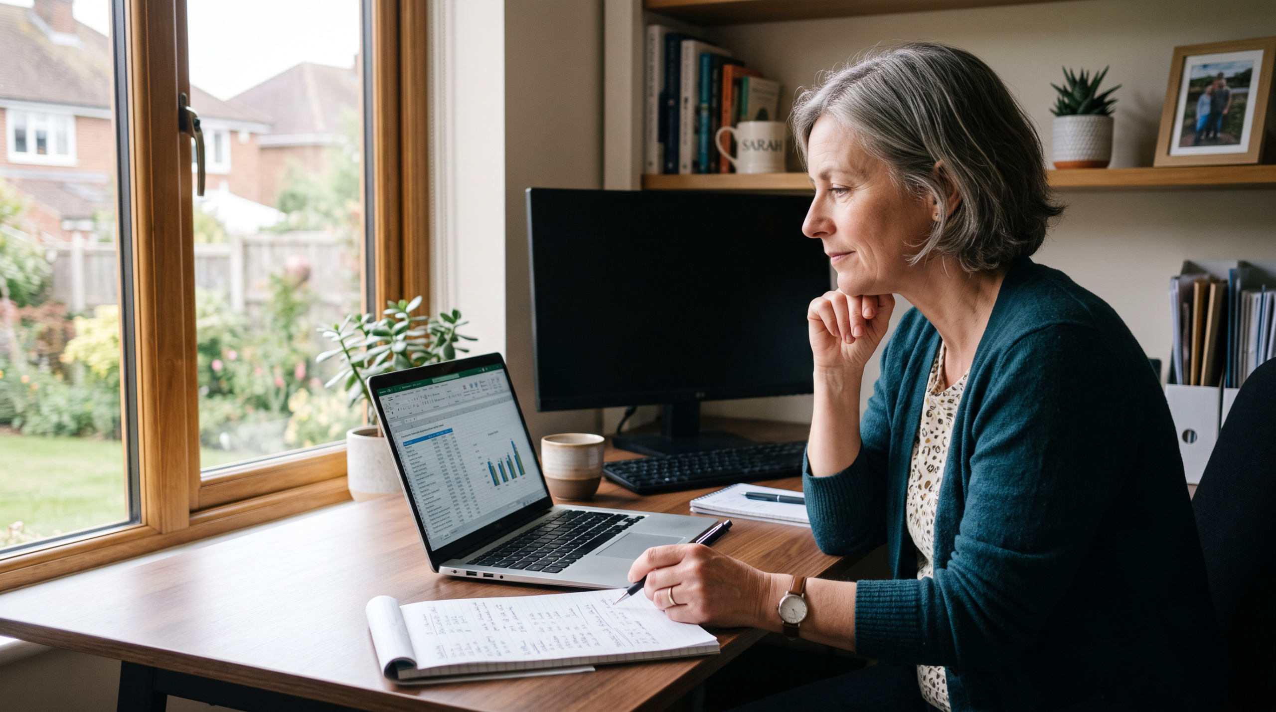 Woman at a home desk comparing instant cash offer options on a laptop