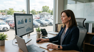 Dealership manager reviewing used car inventory data on a monitor with the lot visible outside