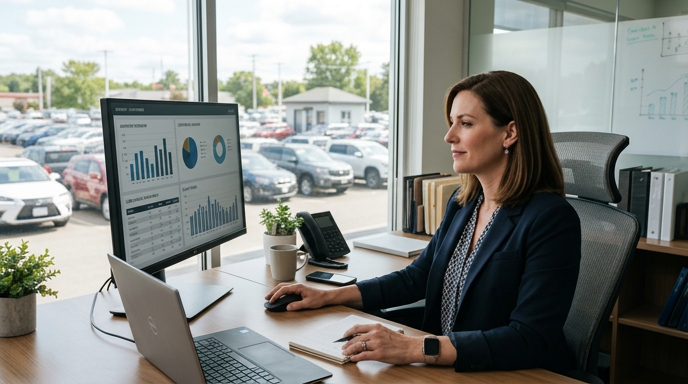 Dealership manager reviewing used car inventory data on a monitor with the lot visible outside