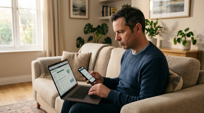 Man comparing car offer options on a laptop and phone at home