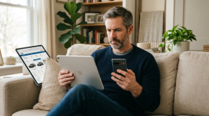 Man comparing car offer options on a tablet and phone at home