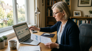 Woman at a home office desk comparing car offer figures across a laptop and a printed sheet