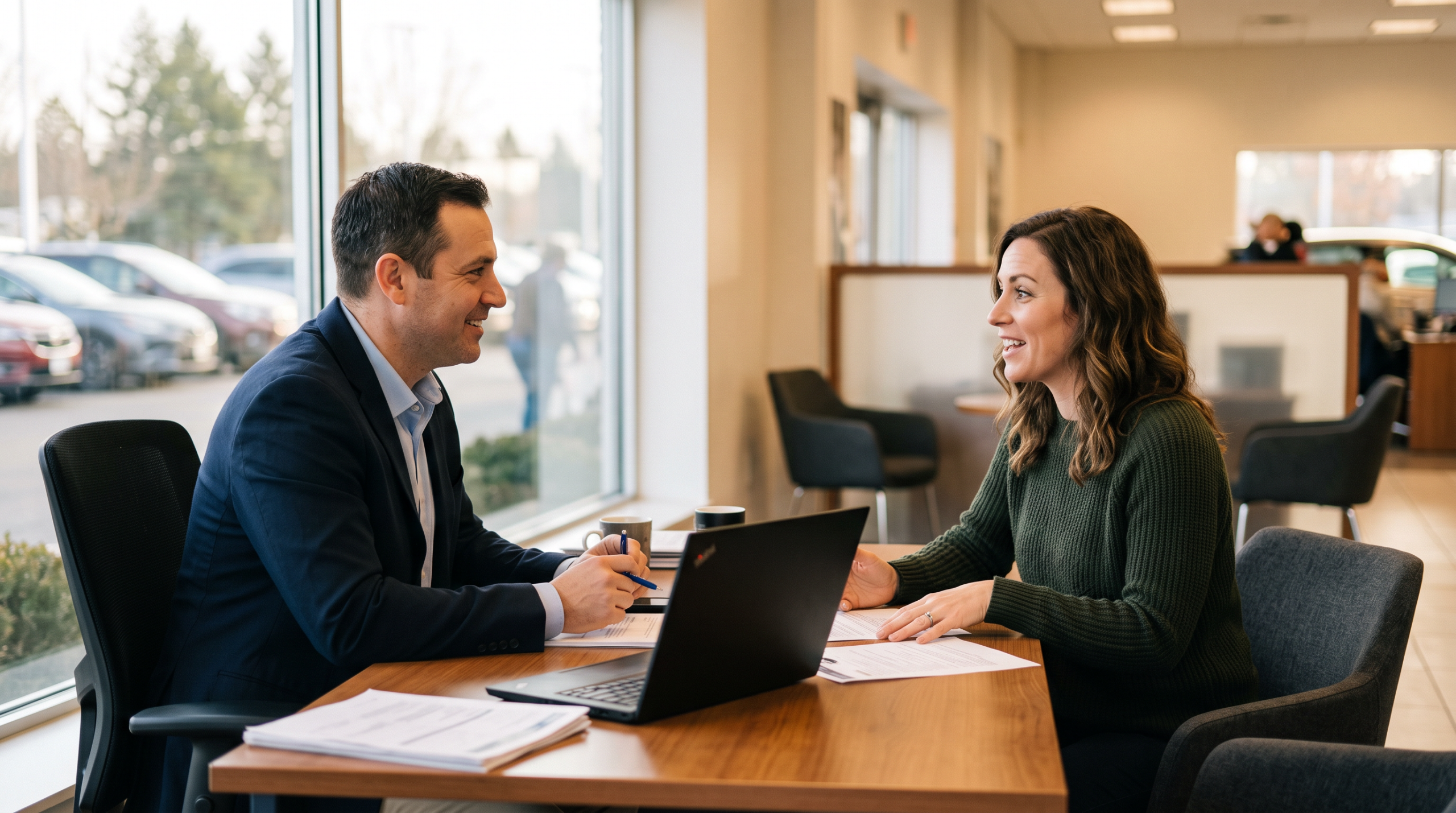 Seller and dealership representative in conversation across a desk in a dealership office