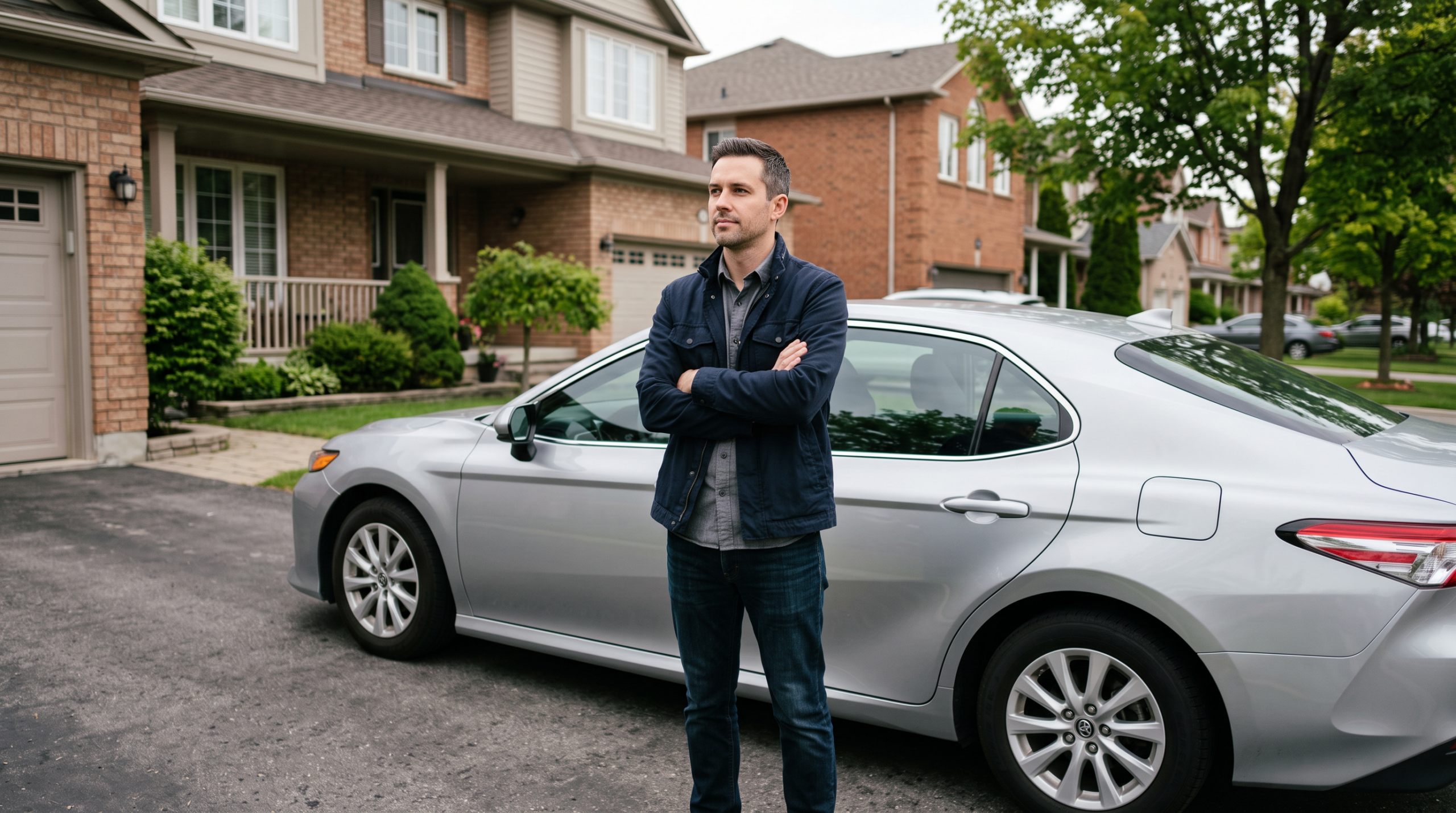 Man standing next to his car in a driveway considering a dealer offer