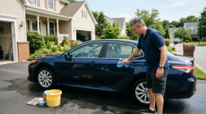 Man cleaning and detailing his car in a residential driveway to prepare it for sale