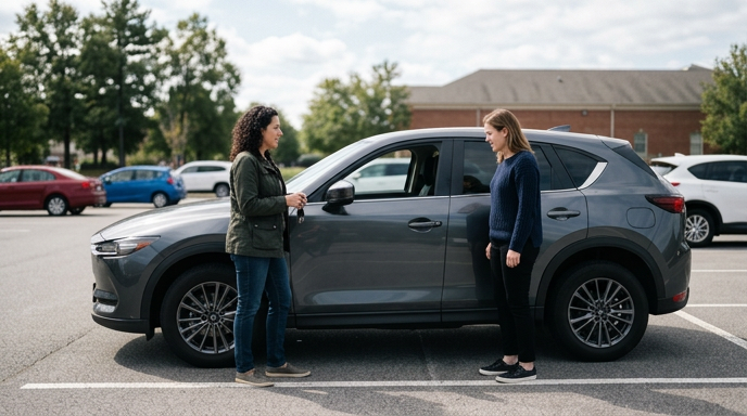 Two people meeting in a safe public parking area during daylight to complete a car sale