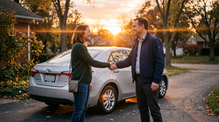 Dealer greeting a private seller beside a used car at golden hour